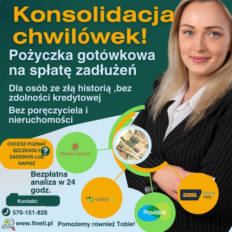 Konsolidacja chwilówek, parabanków pożyczka prywatna bez poręczyciela