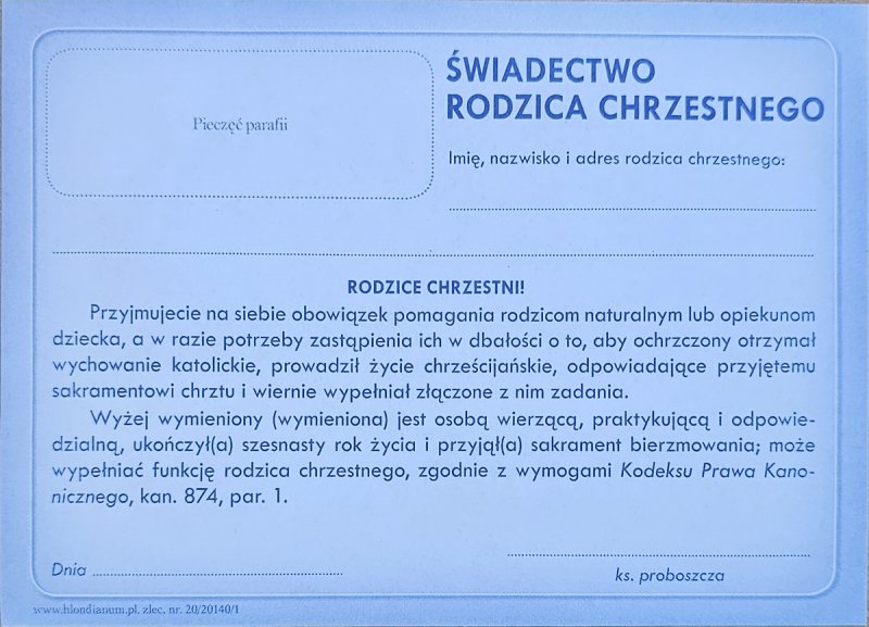 Świadectwo rodzica chrzestnego