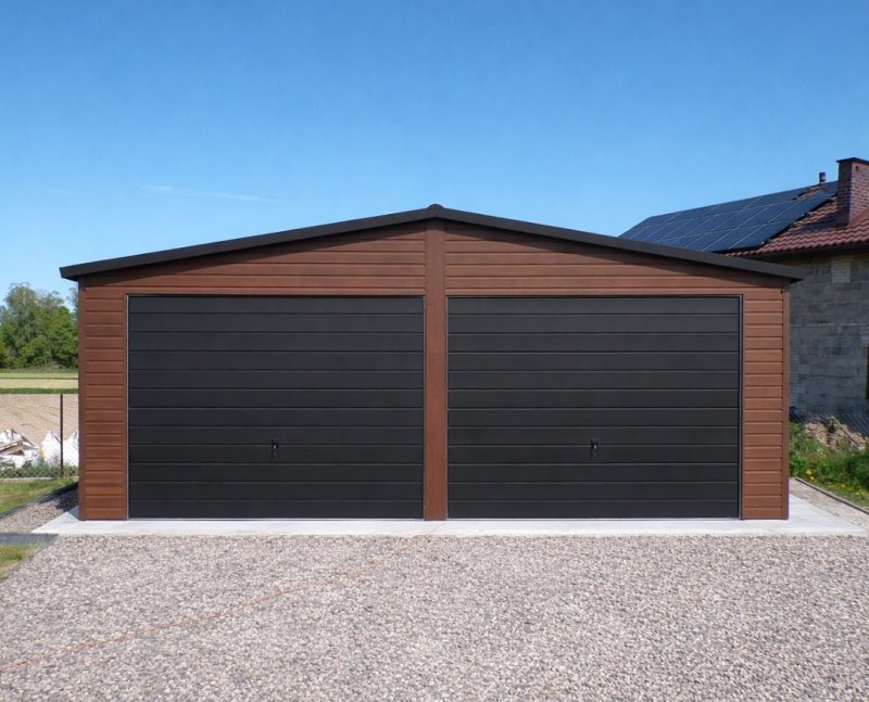 Garaże drewnopodobne i akrylowe z blachodachówką
