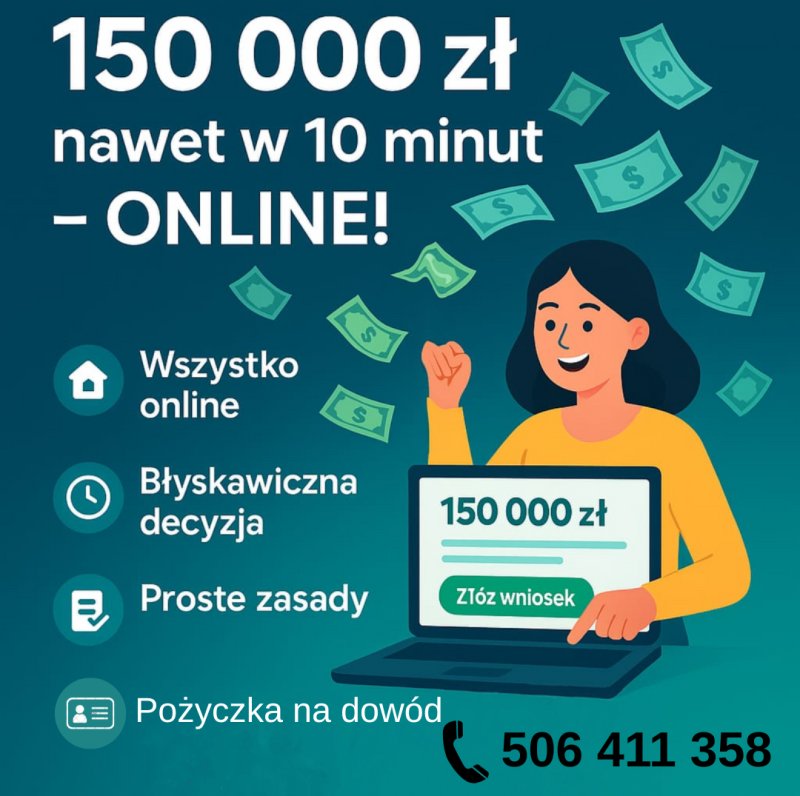 150 tyś. zł dostępne ONLINE, zaledwie 10 minut!!!