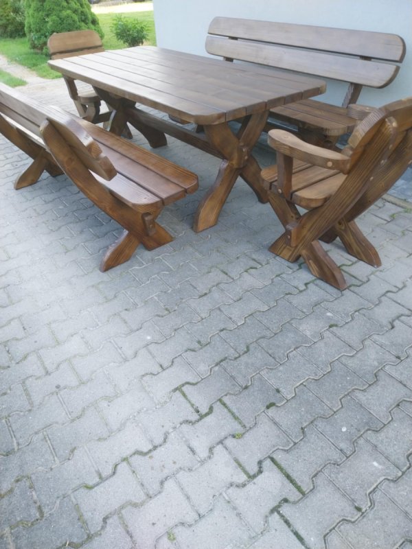 Meble ogrodowe drewniane stół 2 ławy 2 fotele zest