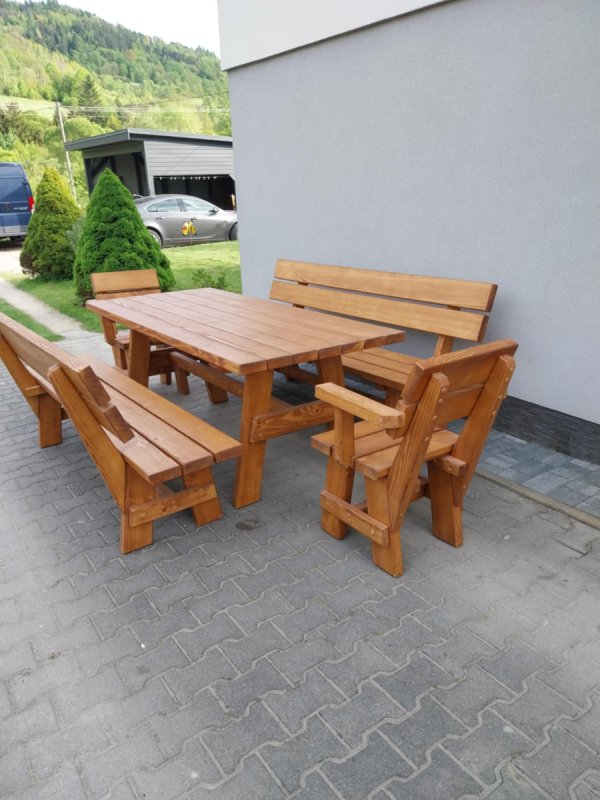 Meble ogrodowe drewniane stół 2 ławy 2 fotele zest - 02