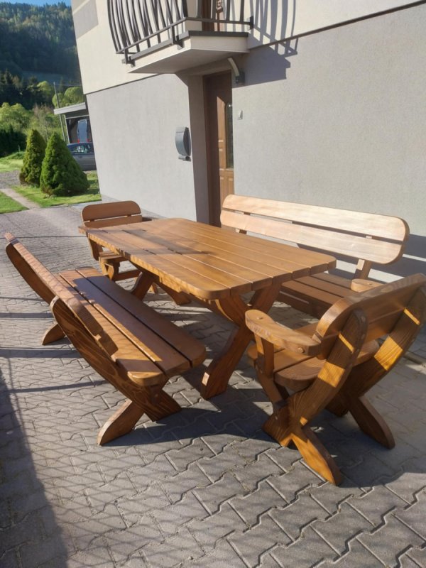 Meble ogrodowe drewniane stół 2 ławy 2 fotele zest - 03