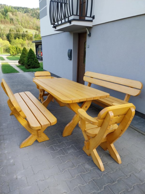 Meble ogrodowe drewniane stół 2 ławy 2 fotele zest - 04