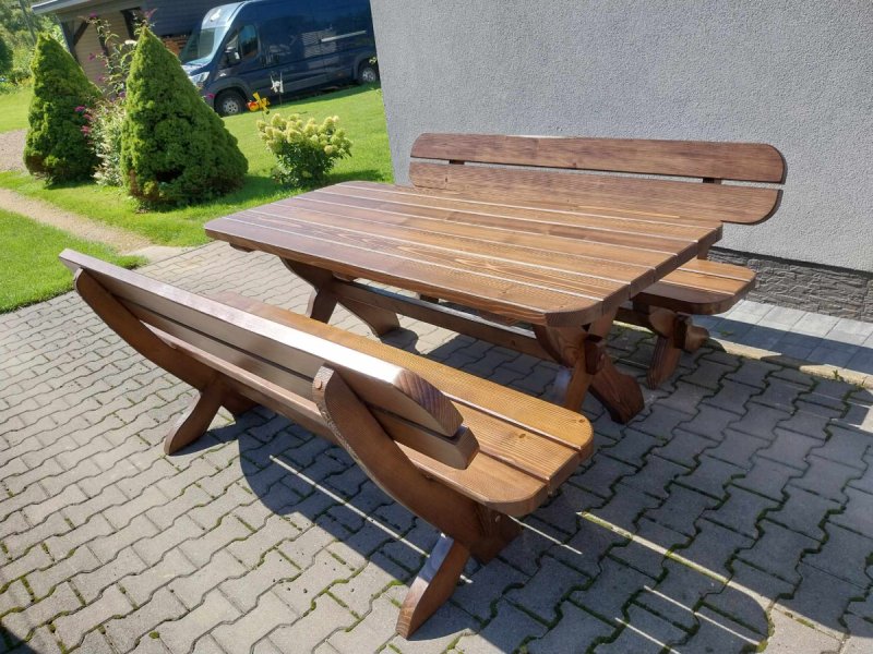 Meble ogrodowe drewniane stół 2 ławy 2 fotele zest - 05