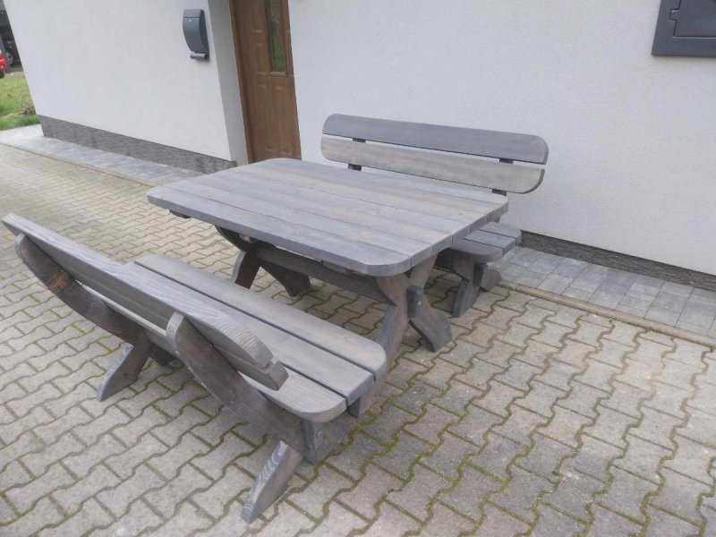 Meble ogrodowe drewniane stół 2 ławy 2 fotele zest - 06