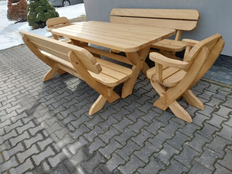 Zestaw ogrodowy drewniany stół 2 ławki 2 fotele