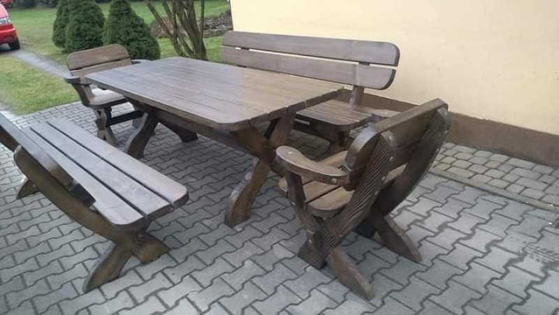 Zestaw ogrodowy drewniany stół 2 ławki 2 fotele - 04