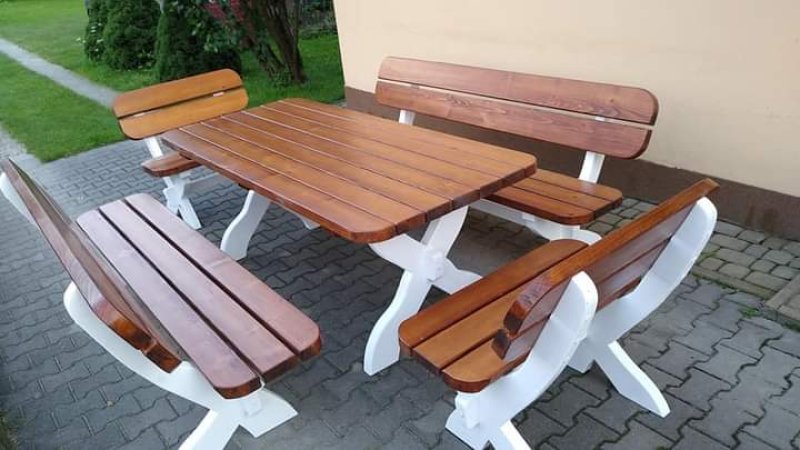 Zestaw ogrodowy drewniany stół 2 ławki 2 fotele - 05